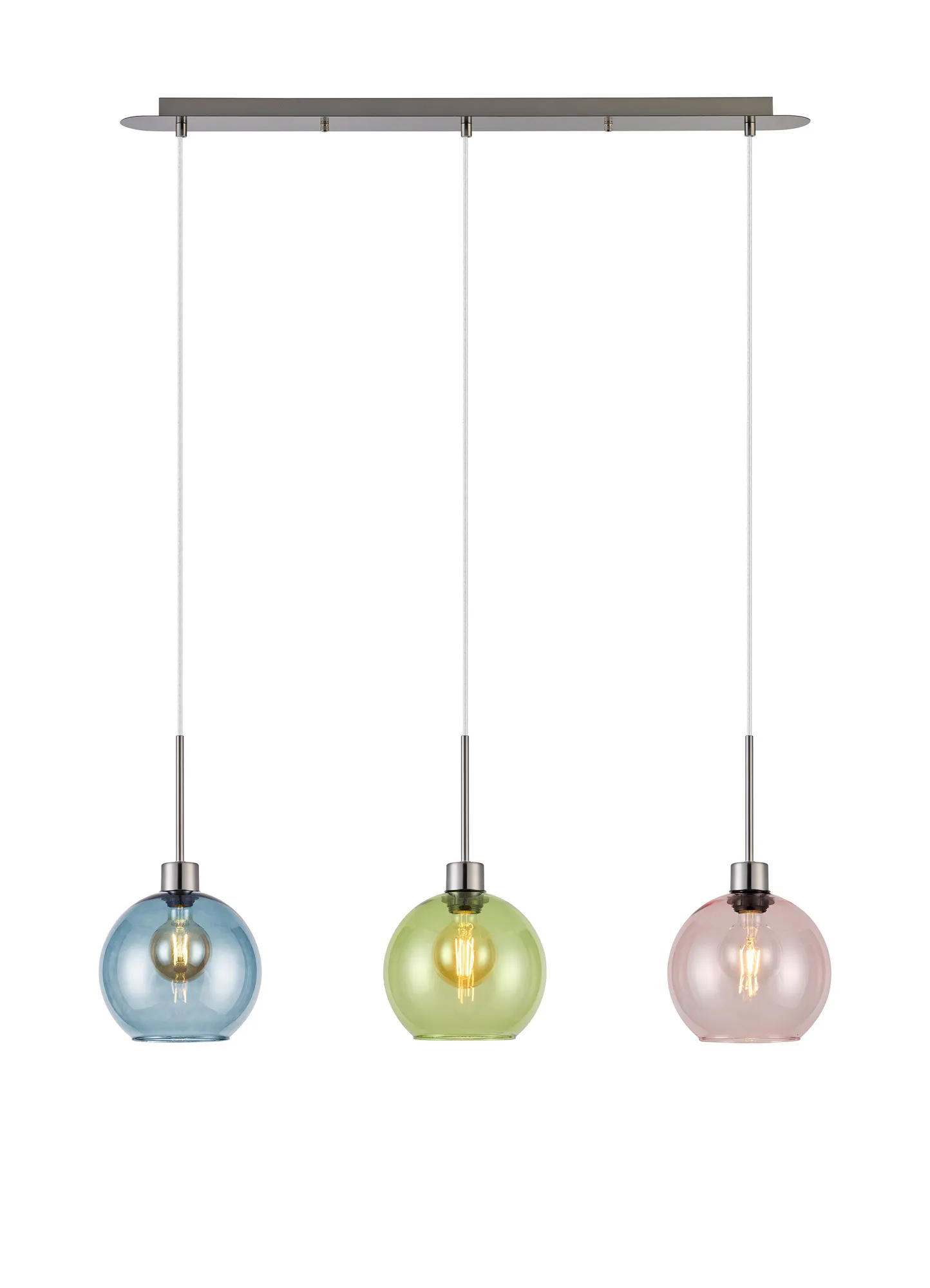 DK1396  Lori Linear Pendant, 3 Light Adjustable E27, Satin Nickel/Blue/Green/Pink Open Mouth Round Globe Shades